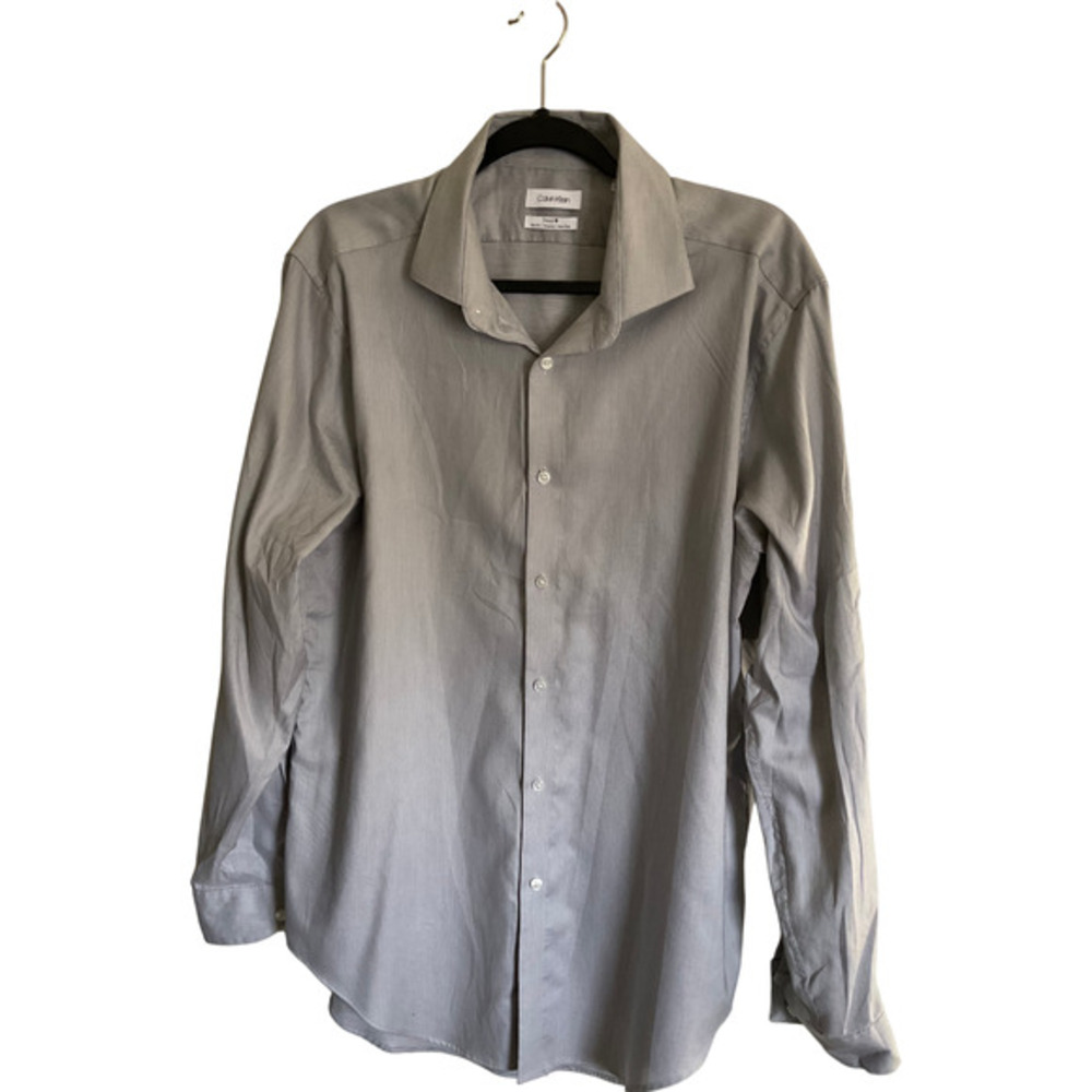 Calvin Klein Steel+ Slim Fit Stretch Non-Iron Dress Shirt Grey Stripe 17‎ 34/35
